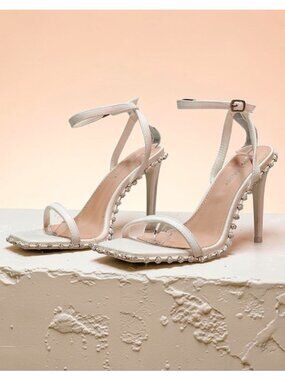 Rhinestone Embellished White High Heel Sandals With Ankle Strap & Square Toe Des